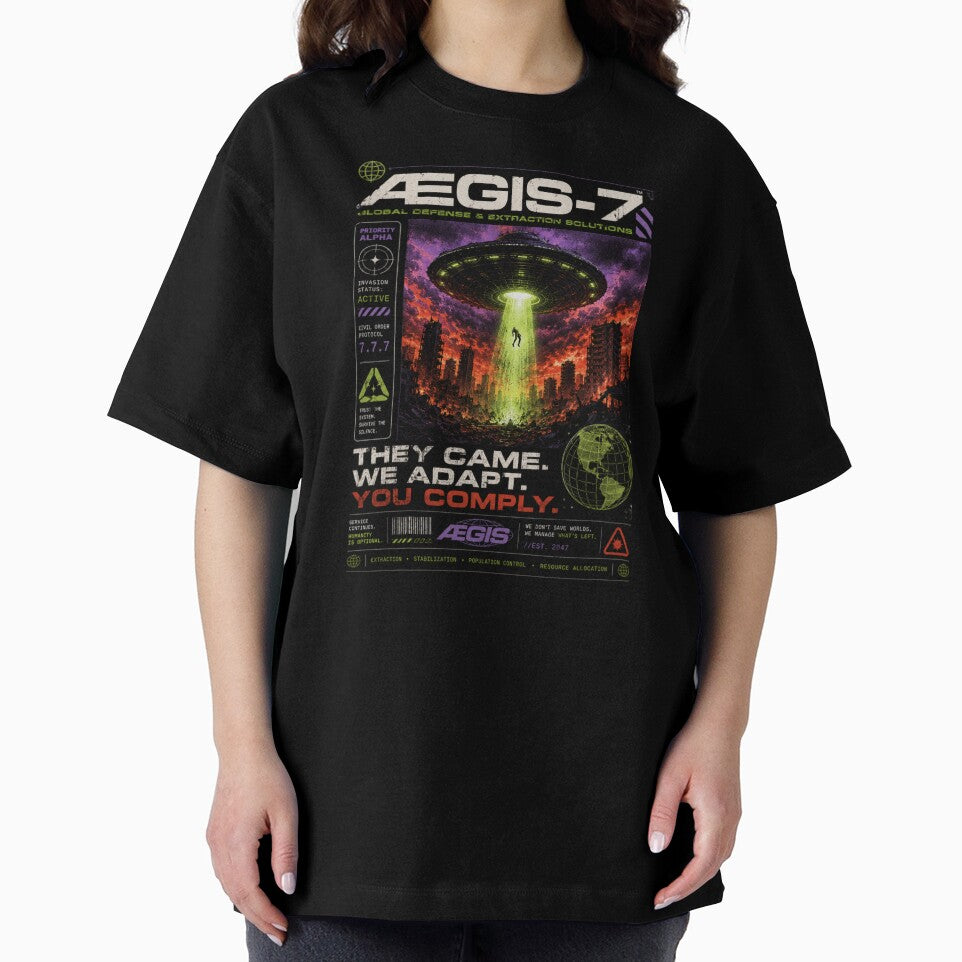 AEGIS-7 Alien Invasion Sci-Fi Dystopian Poster Style T-Shirt by TheClockOutClub