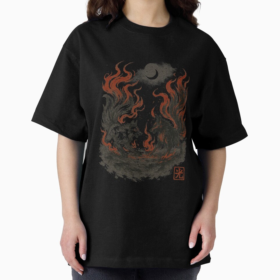 Kitsune Duel Under Moon with Foxfire Flames by Hikadezain