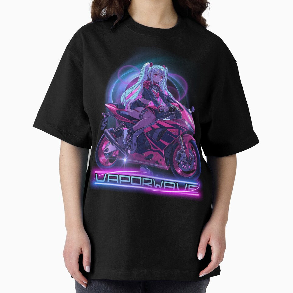 Vaporwave Anime Girl on Motorcycle,90s Retro Aesthetic Synthwave Art by WVPR