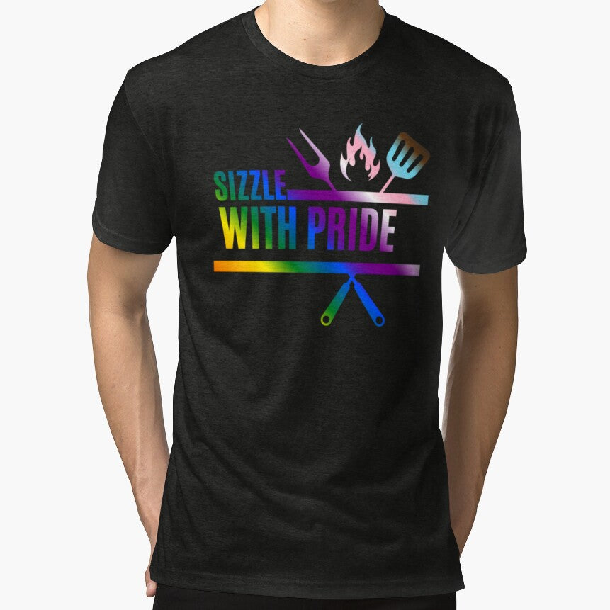 Sizzle With Pride, Progress pride flag graphic, BBQ Rainbow Graphic, BBQ, Outdoors, Summer, Party, LGBTQ, BBQ Grill, BBQ Foodie, Funny BBQ Slogan, Funny, Humor, by PrideBeProud