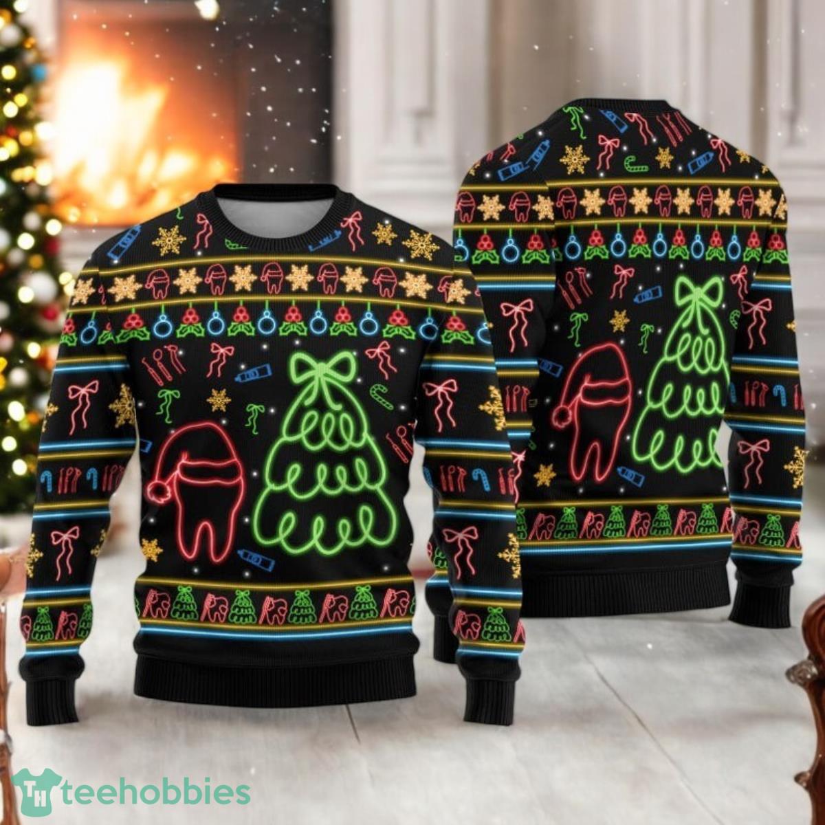 Tooth With Santa Hat Ugly Christmas Sweater Christmas Tree Neon Lights Sweater