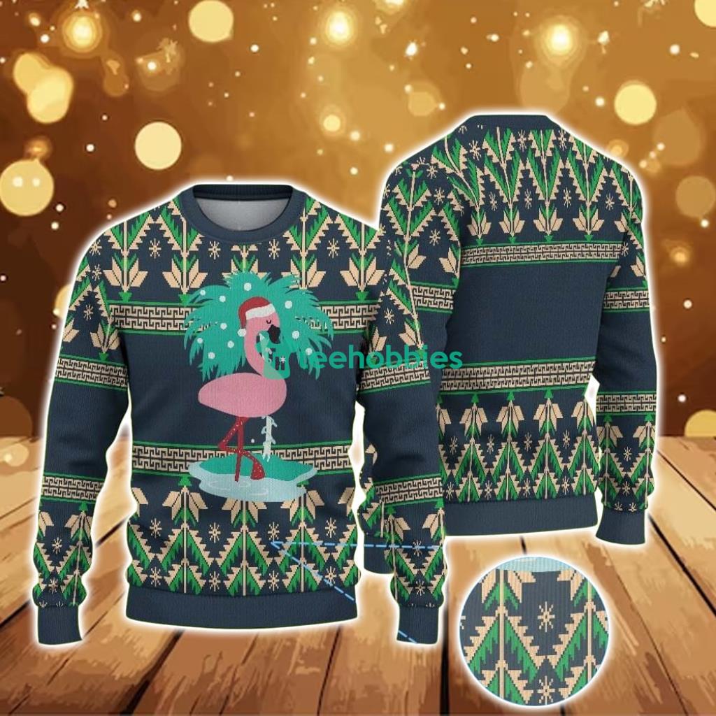 Ugly Christmas Sweater With Geometric Pattern Featuring Pink Flamingo