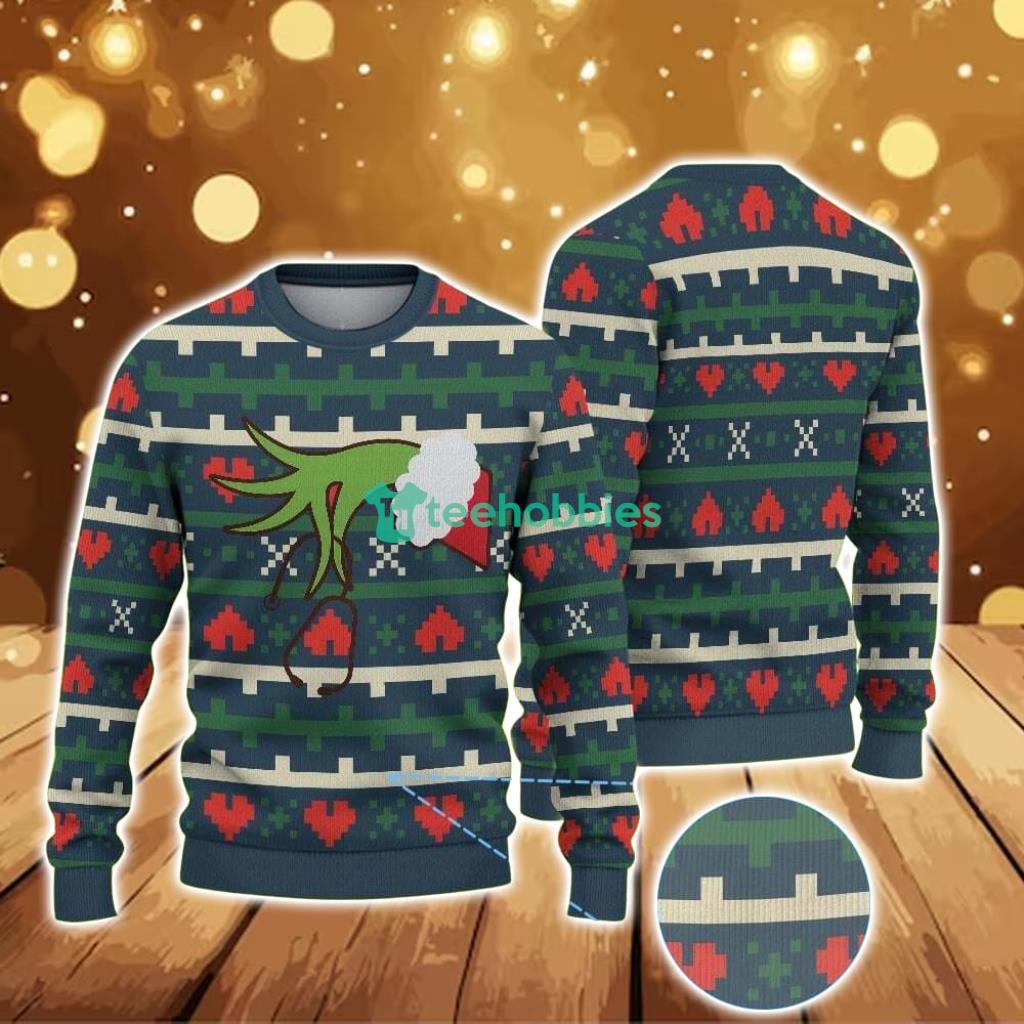 Ugly Christmas Sweater With Heart Pattern Featuring Nurse Grinch Hand Holding Stethoscope