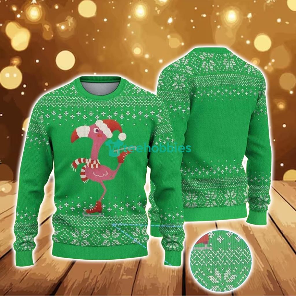 Ugly Christmas Sweater With Snowflake Pattern Featuring Festive Flamingo In Santa Hat And Scarf