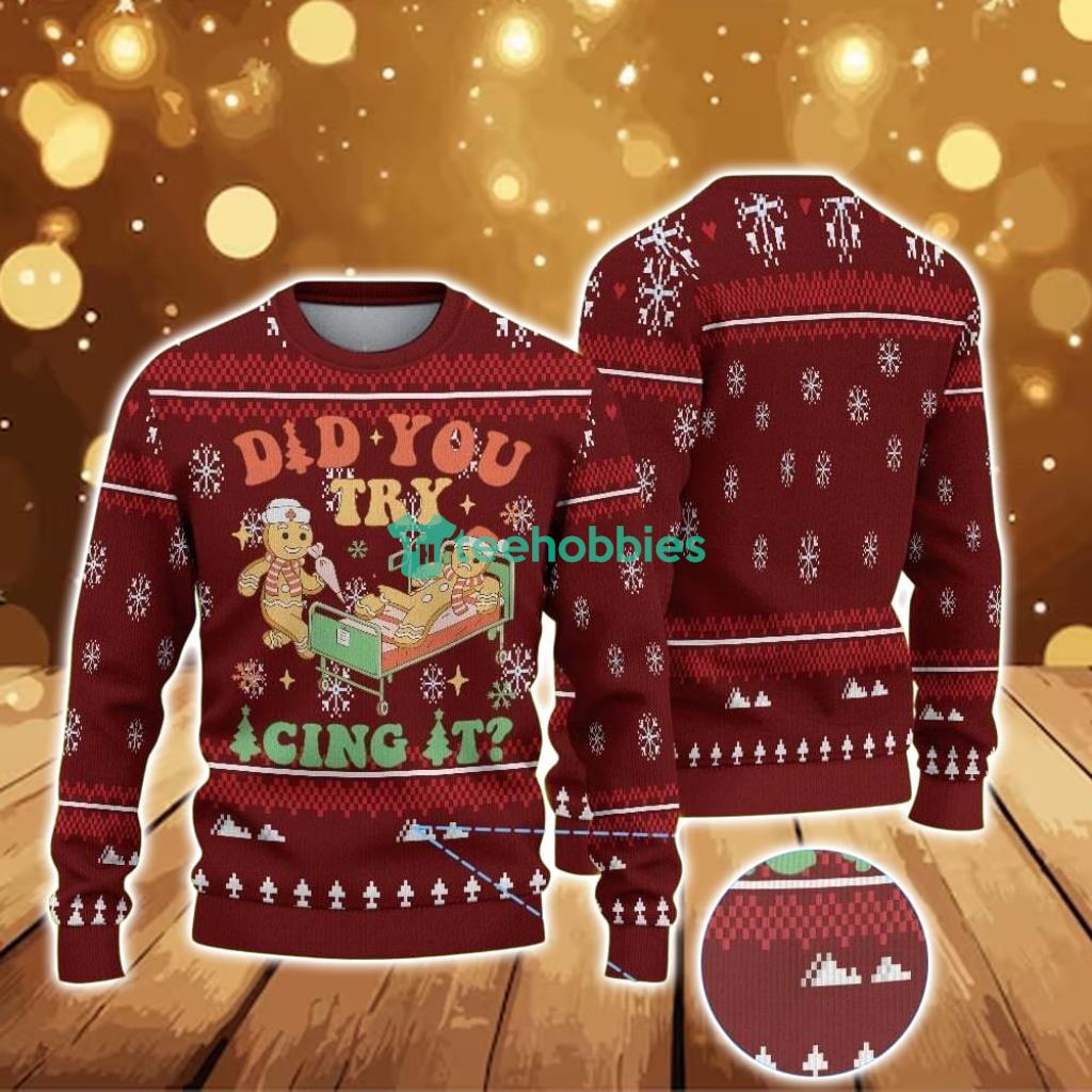 Ugly Christmas Sweater With Snowflake Pattern Featuring Nurse Gingerbread Men And Funny Medical Quote