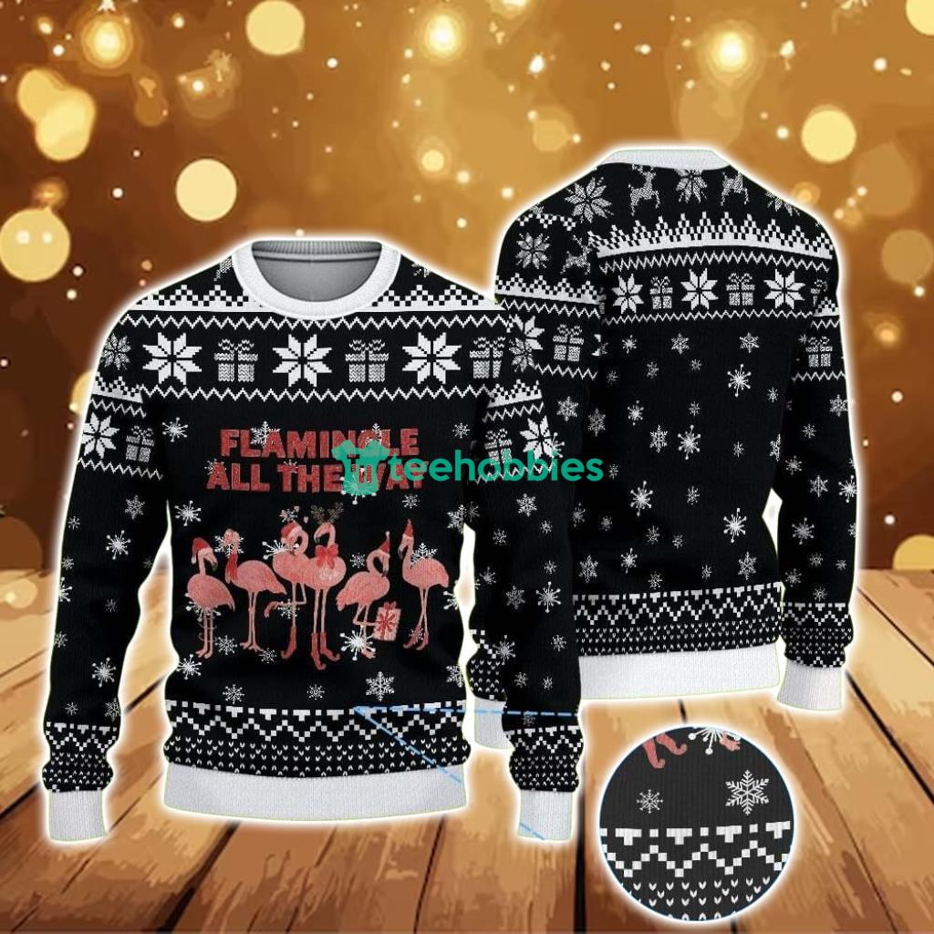 Ugly Christmas Sweater With Snowflake Pattern Featuring Pink Flamingo And Gift Motif