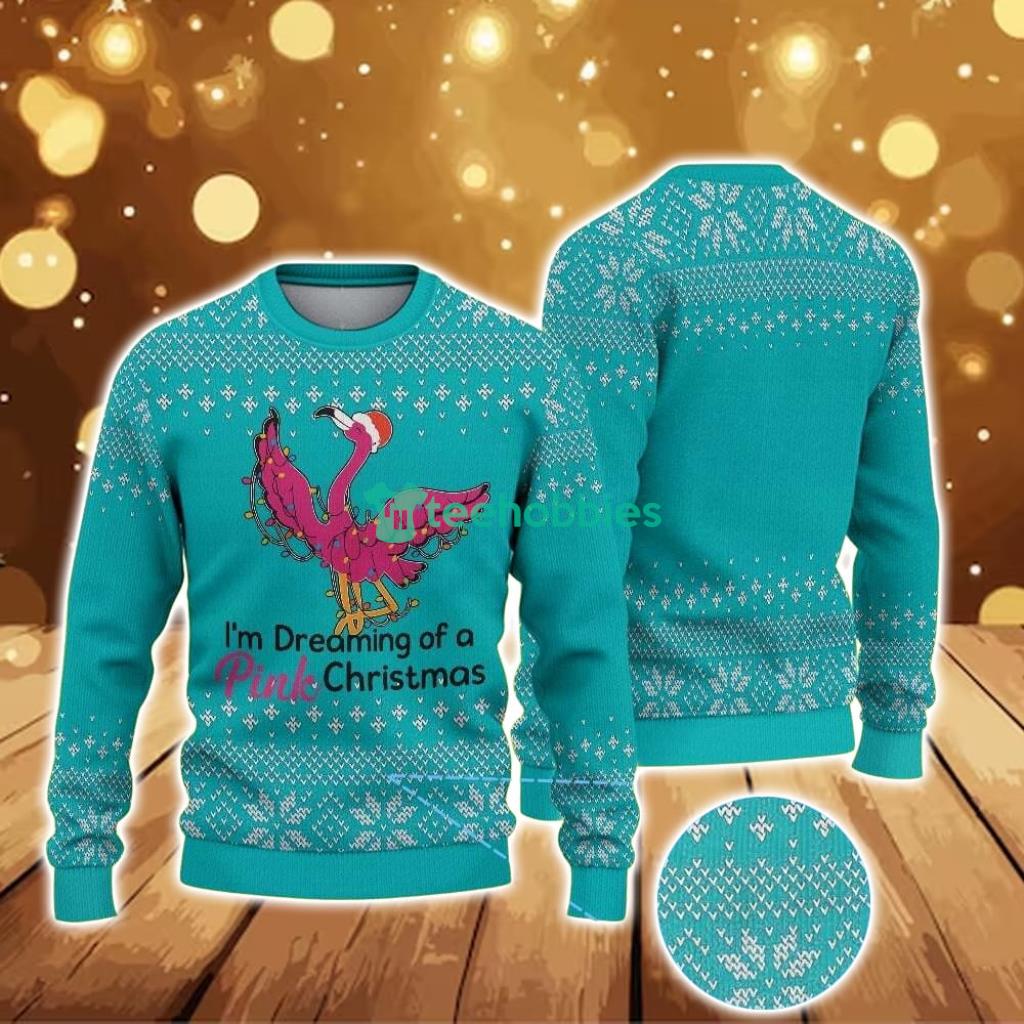 Ugly Christmas Sweater With Snowflake Pattern Featuring Pink Flamingo