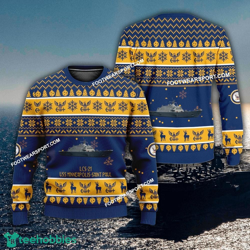 US Navy USS Minneapolis-Saint Paul LCS-21 Ugly Christmas 3D Sweater For Army