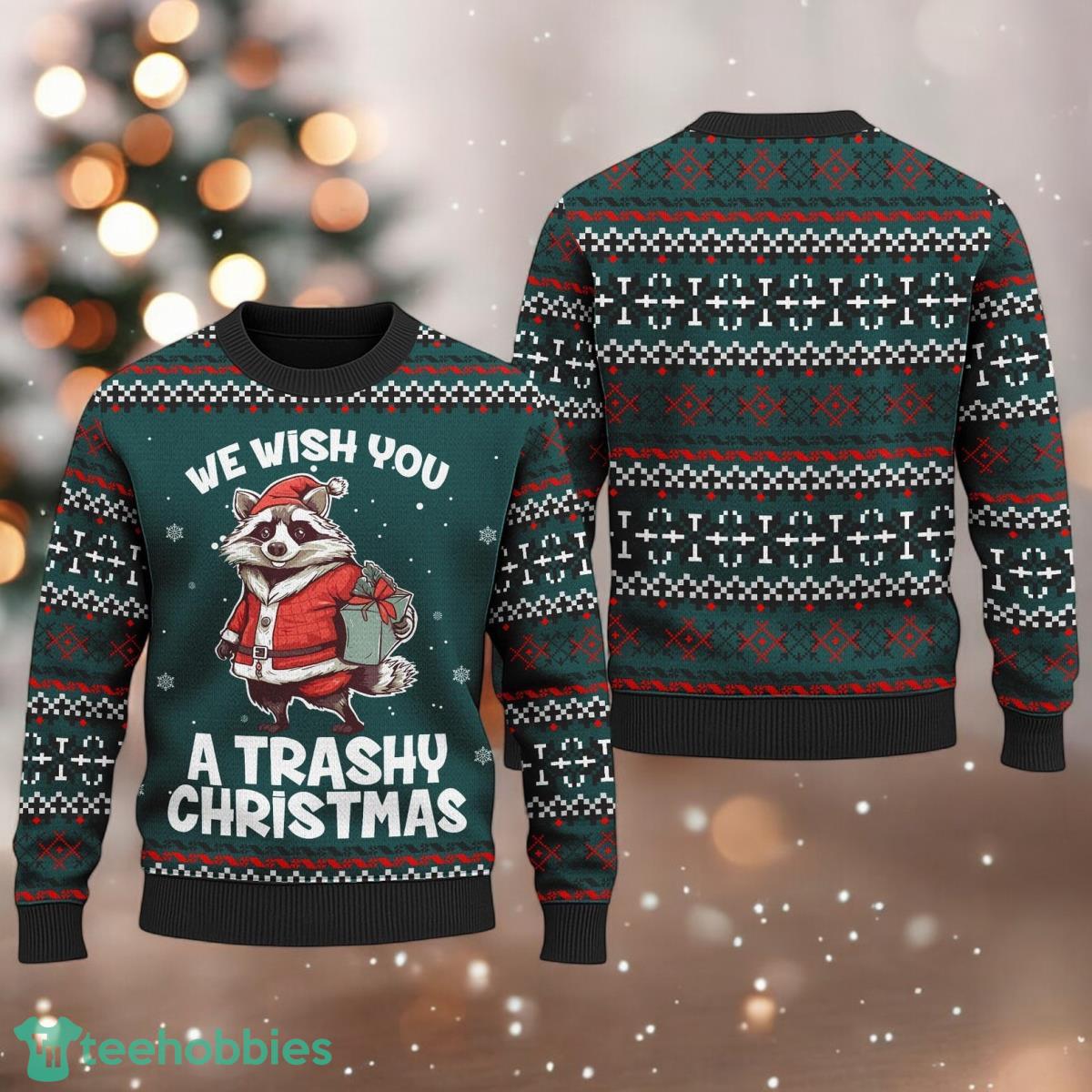 We Wish You A Trashy Christmas Ugly Sweater Santa Raccoon Xmas Holiday Sweater