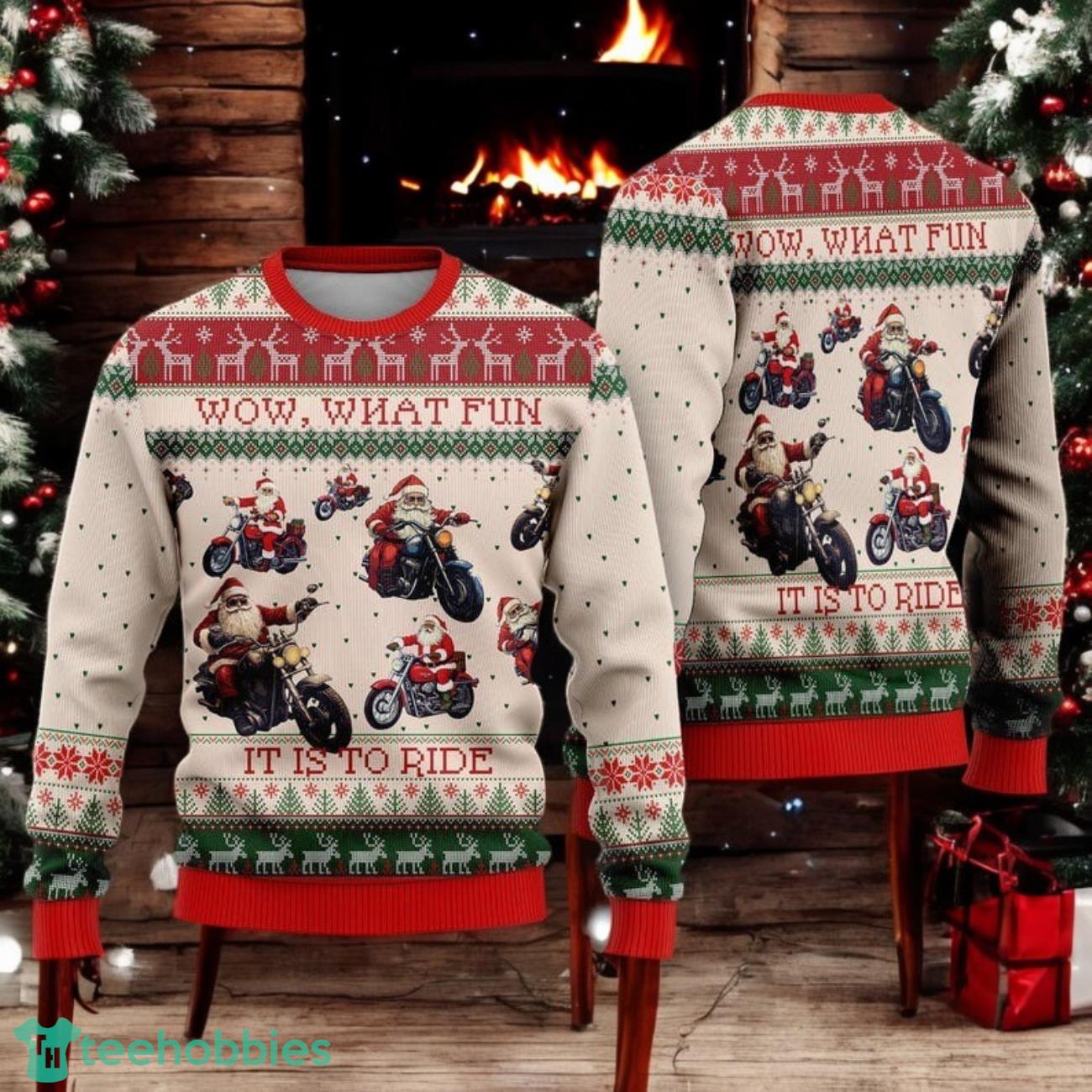 Wow What Fun It Is To Ride Ugly Christmas Sweater Funny Holiday Tee for Motorcycle Lover